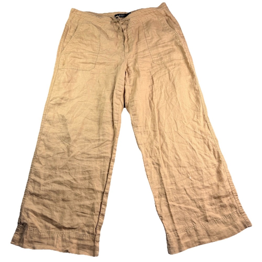 Lauren Ralph Lauren 100% Linen Pants Women's 14P Tan Wide Leg Boho Beachy